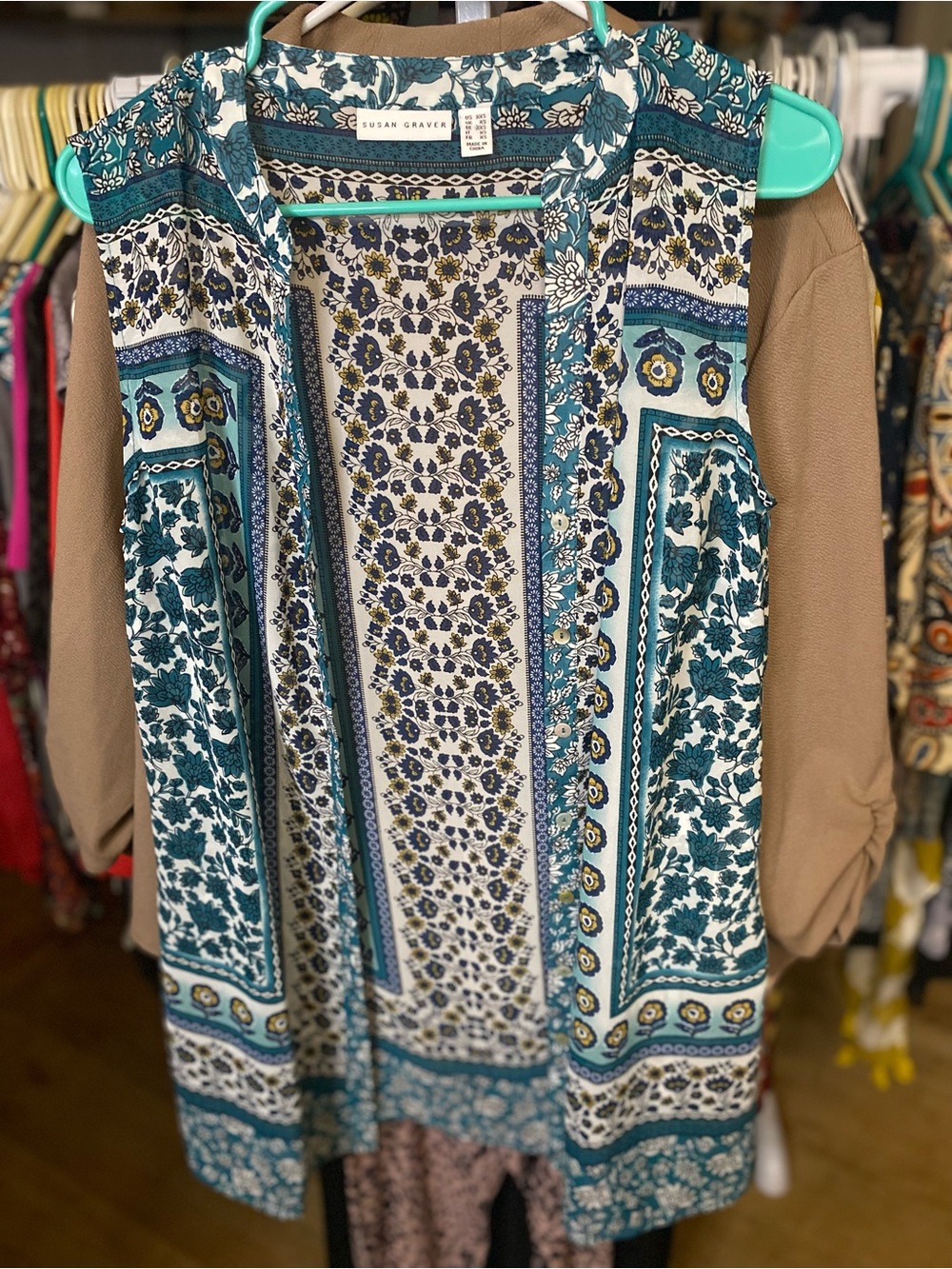 Susan Graver Teal and White Printed Button-Down Sleeveless Blouse Top